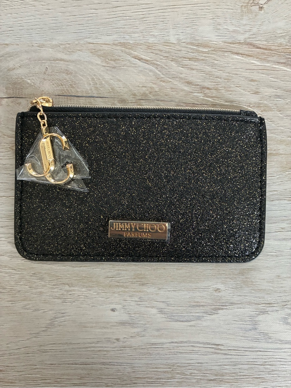 Jimmy Choo Black Glitter Zip Pouch with Gold JC Charm